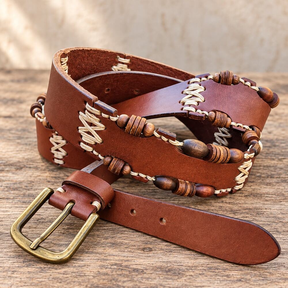 Omega Brown Leather Belt Small | Jute + Wood Beads | Boho Artisan Turkey